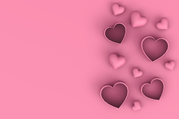 3d rendering of Valentine's Day, concept. Pink hearts and heart shaped boxes are lying on pink background. Mother's Day or Women's Day postcard, greeting card with copy space.
