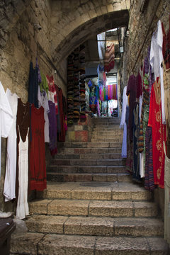 shuk, ancient market of old Jerusalem, typical Palestinian clothes