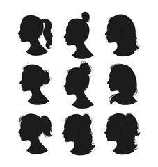 Beautiful collection of profile woman heand with different hairstyles vector - 312549674