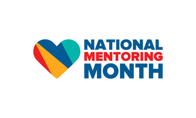 National Mentoring Month in January. Celebrate annual in United States. Personal mentor, coach or teacher. Free knowledge. Education concept. Helping a student in study, training. Vector poster