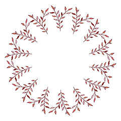 Round frame made of vertical red and pink leaves on a branch. Romantic wreath on white background for your design.