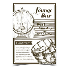 Whiskey Lounge Bar Best In Town Poster Vector. Glass With Bourbon Whiskey And Ice Cubes And Wooden Barrel On Advertising Banner. Glassware With Strong Alcoholic Drink Monochrome Illustration