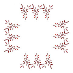 Square with vertical red and pink leaves on a branch. Vector on white background for your design.
