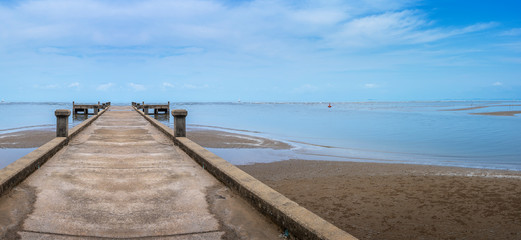 Panorama of the fish bridge protruding into the sea, leave blank space to put text.