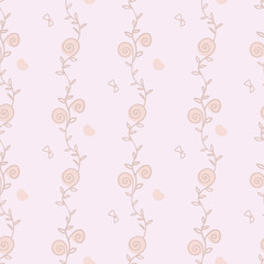 A seamless vector pattern with doodle floral stripes, butterflies and hearts. Simple pastel surface print design. Great for wedding stationery, packaging and backgrounds.