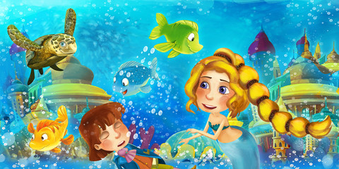 Cartoon ocean and the mermaid in underwater kingdom swimming and having fun with fishes looking on drowning man prince - illustration for children