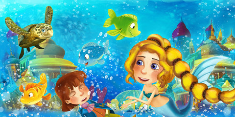 Cartoon ocean and the mermaid in underwater kingdom swimming and having fun with fishes looking on sinking man prince - illustration for children