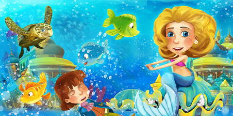 Fototapeta na wymiar Cartoon ocean and the mermaid in underwater kingdom swimming and having fun with fishes looking on drowning man prince - illustration for children