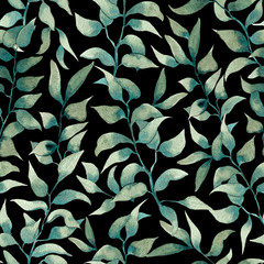 Watercolor leaves pattern. Seamless pattern with hand drawn leaves on black background. Floral background for postcard, invitation, fabric, textile. 