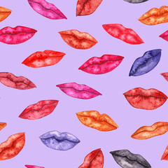 Watercolor lips pattern. Seamless pattern with lips. Fashion fabric pattern with lipstick. Background for girls. 
