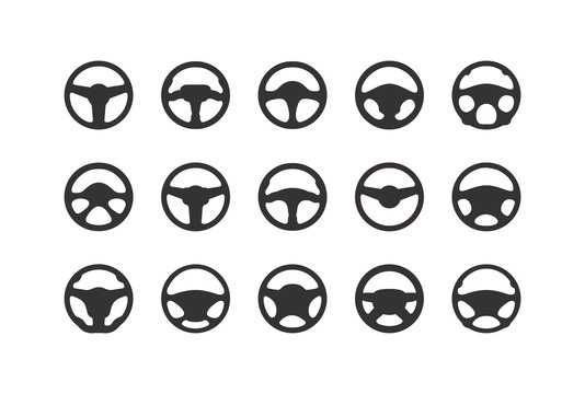 Set of car steering wheel silhouettes. Flat steering wheel icon. Isolated silhouette on a white background.