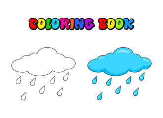 Cloud with rain drops Coloring book for children. Vector water drops outline illustration. Weather forecast coloring page for preschool kids