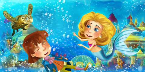 Cartoon ocean and the mermaid in underwater kingdom swimming and having fun with fishes looking on drowning man prince - illustration for children