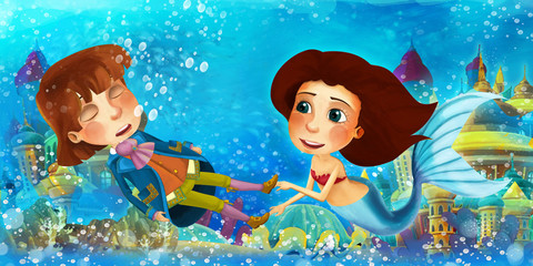 Obraz na płótnie Canvas Cartoon ocean and the mermaid in underwater kingdom swimming and having fun with fishes looking on drowning man prince - illustration for children