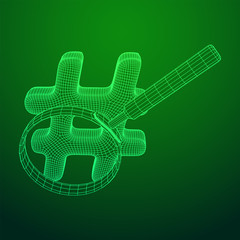 Hashtag with magnifying glass. Concept of social media, micro blogging PR and popularity. Wireframe low poly mesh vector illustration