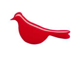 Blot of red nail polish shaped bird isolated on white