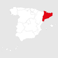 Catalonia region marked red on spain map. Gray background.