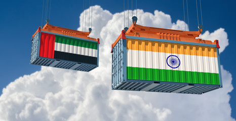 Freight container with United Arab Emirates and India flag. 3D Rendering