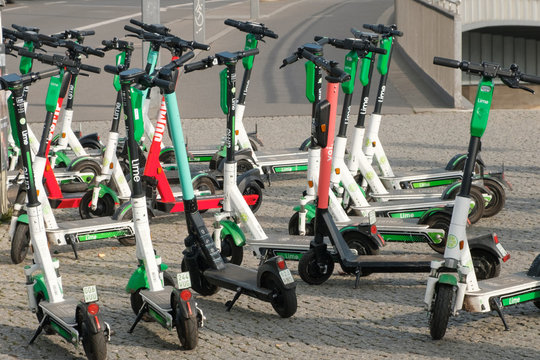 Many Electric E scooters , escooter or e-scooter  on street  in Berlin, Germany - June, 2018