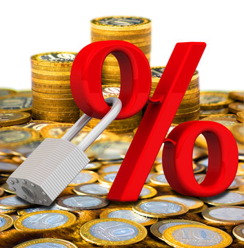 Fixed interest rate. Red percentage symbol with a padlock on the surface from Russian coins. 3D Illustration