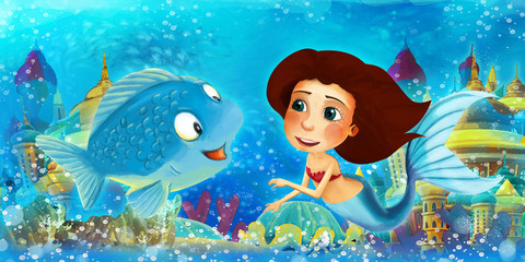 Obraz na płótnie Canvas Cartoon ocean and the mermaid princess in underwater kingdom swimming and having fun with fishes - illustration for children