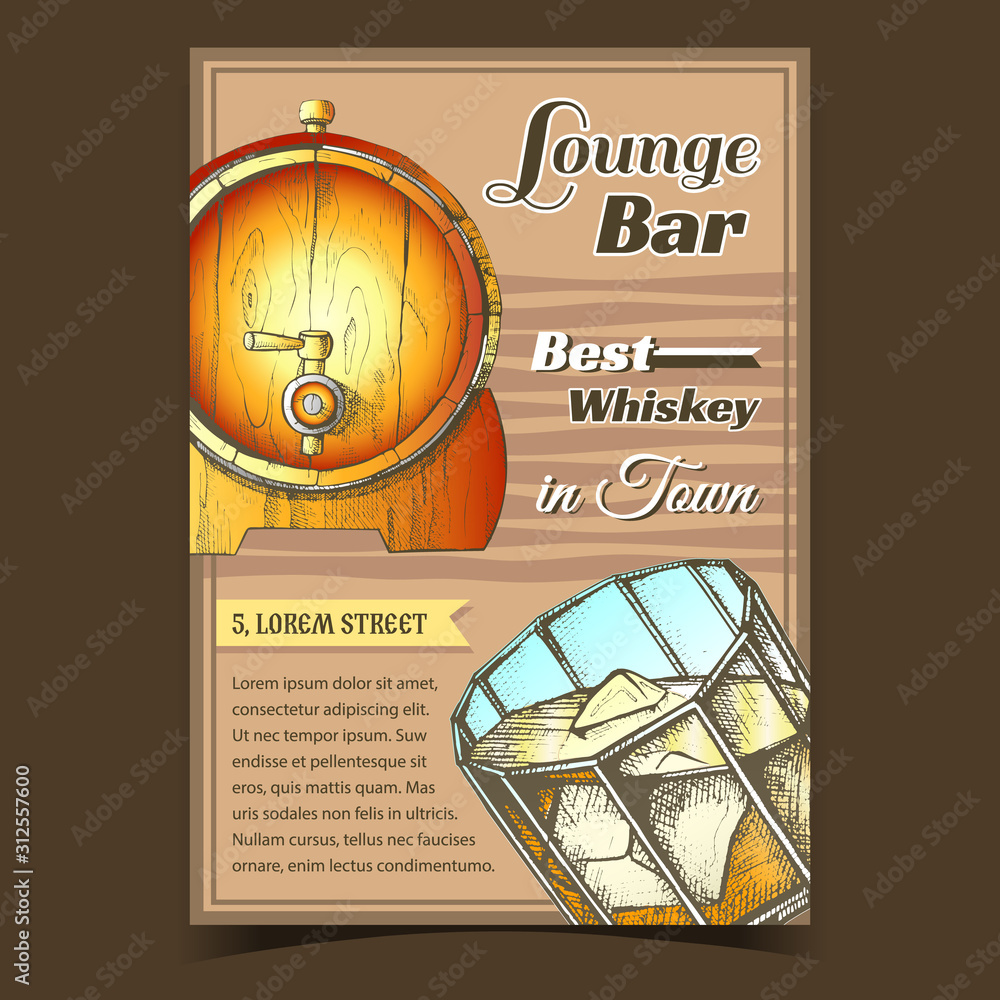 Poster whiskey lounge bar best in town poster vector. glass with bourbon whiskey and ice cubes and wooden b