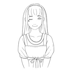 vector illustration of a cute girl wearing a dress and tied her dress and hair with ribbon