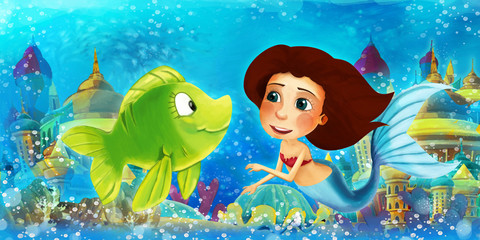 Cartoon ocean and the mermaid princess in underwater kingdom swimming and having fun with fishes - illustration for children