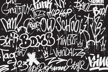 Graffiti tags background in black and white colors. Graffiti texture in hand drawn style. Old school street art. Element for t-shirt design, textile, banner. Vector illustration - obrazy, fototapety, plakaty