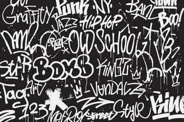 Poster Graffiti-Tags Hintergrund in Schwarz-Weiß-Farben. Graffiti-Textur im handgezeichneten Stil. Streetart der alten Schule. Element für T-Shirt-Design, Textil, Banner. Vektor-Illustration © alexandertrou