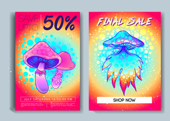 Retro futurism. Vintage 80s or 90s style background with magic mushrooms. Good design for textile t-shirt print design, flyer and poster. Futuristic vector illustration.