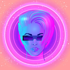 Futuristic synth wave style. Retroparty  flyer template. Portrait of androgynous woman with short shaved pixie undercut in retro futurism style. Vector illustration in neon bright color