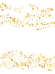 Metalic gold confetti sequins tinsels flying on white. Chic holiday vector sequins background. Gold foil confetti party glitter space. Rhombus sparkles surprise backdrop.