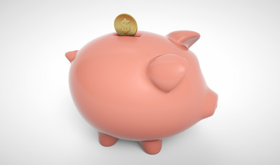 3d render of gold coin falling into a piggy bank. Piggy bank with coins money cash isolated on white background. Icon piggy bank, concept of saving money. Pig money box icon.