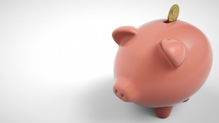 3d render of gold coin falling into a piggy bank. Piggy bank with coins money cash isolated on white background. Icon piggy bank, concept of saving money. Pig money box icon.