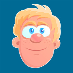 Funny head of a blond guy with a smile on his face. Cartoon vector illustration on a blue background.