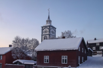 Fototapeta na wymiar Picture from Roeros World Heritage City and surrounding area -Røros church, also known under the old name Bergstadens Ziir, is an elongated octagonal church from 1784
