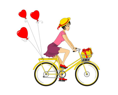 girl riding a bike with gift and  red heart air balls