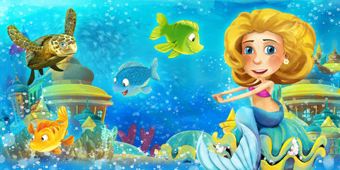 Fototapeta na wymiar Cartoon ocean and the mermaid in underwater kingdom swimming and having fun with fishes - illustration for children