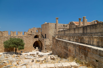 Ruins of the acropolis of Lindos on Rhodes island, Greece