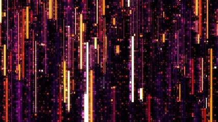 3D Illustration of orange purple digital glitch and hex code on black background. Cyber pattern in digital matrix wallpaper texture concept as a neon sci fi effect and data flow scheme.