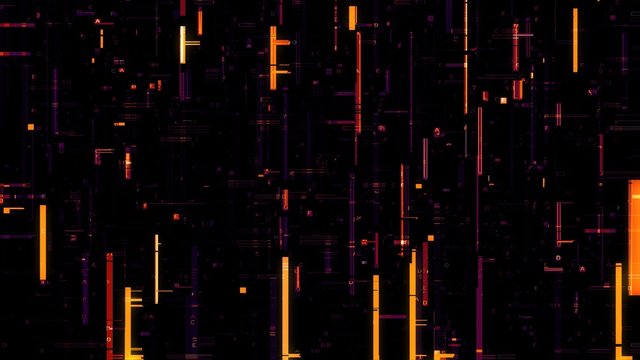3D Illustration of orange purple digital glitch and hex code on black background. Cyber pattern in digital matrix wallpaper texture concept as a neon sci fi effect and data flow scheme.