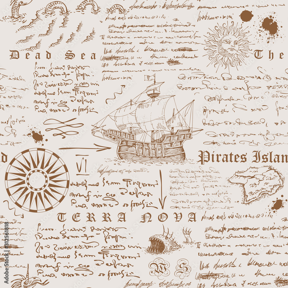 Poster vector image of a seamless texture in the style of a medieval nautical record of the captain's diary