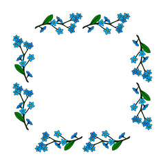 Square frame with  horizontal  blue flowers forget-me-not. Isolated flowers on white background for your design.