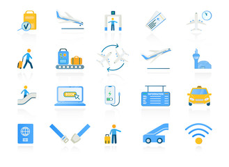 Set of assorted colored airport and travel icons with tourists or travellers, baggage machinery, online booking, seat belt, airplane, transport, and control tower, vector illustration