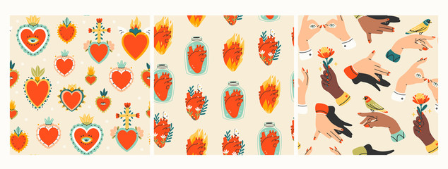 Mexican Sacred hearts, anatomical hearts in jars, hearts on fire, various human arms or hands. Set of three Hand drawn colored trendy vector seamless patterns. Wallpapers, background textures