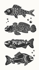 Linocut print style. Abstract fresh and saltwater fish. Paper cut scandinavian style. Flat design. Hand drawn black vector set. Modern trendy illustration. All elements are isolated