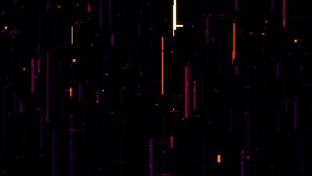 3D animation of seamlessly looping orange purple digital glitch and hex code on black background. Cyber vj pattern in digital hud head up display background concept as a neon sci-fi data flow scheme.