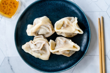 Homemade Steamed Asian Dumplings with Garlic Sauce.