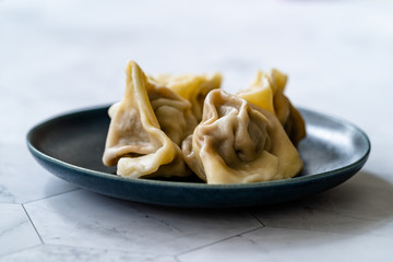 Homemade Steamed Asian Dumplings with Garlic Sauce.